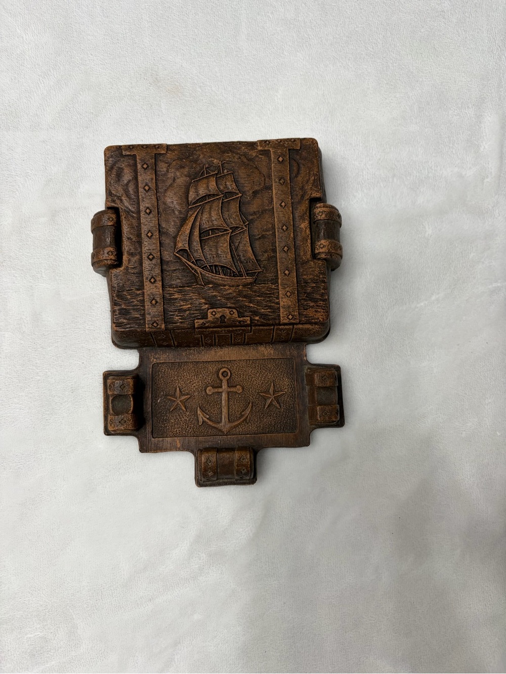 Vintage SyrocoWood Nautical Cigarette Box Faux Bois Sailboat Anchor Tobaccoriana